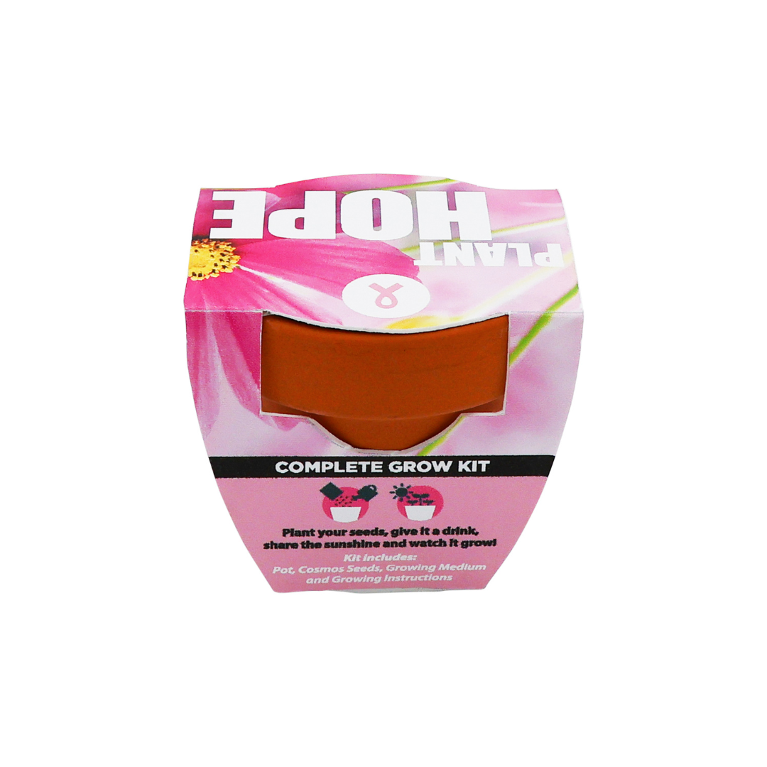 Pink and brown grow kit packaging with text on a white background